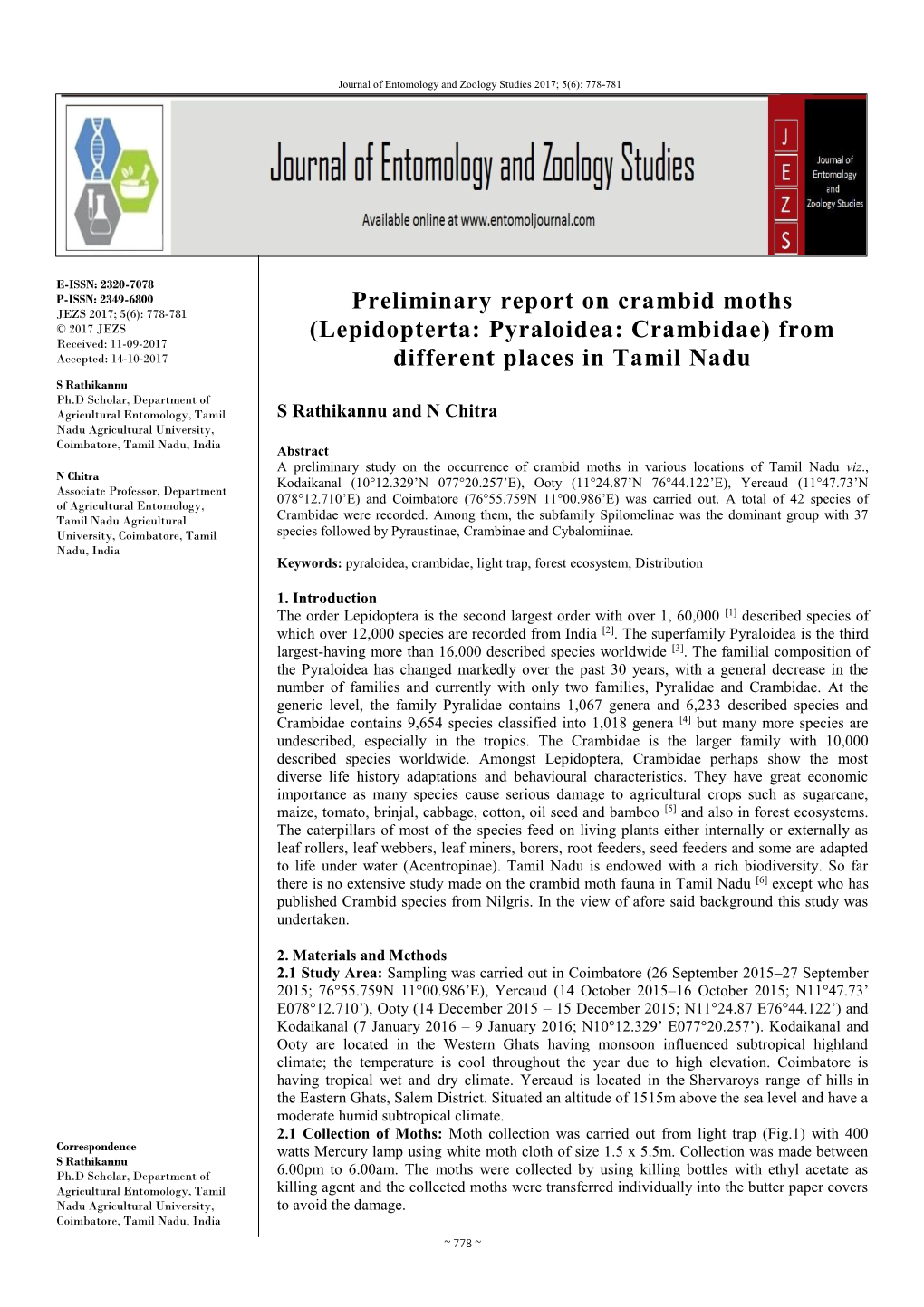 Preliminary Report on Crambid Moths (Lepidopterta: Pyraloidea