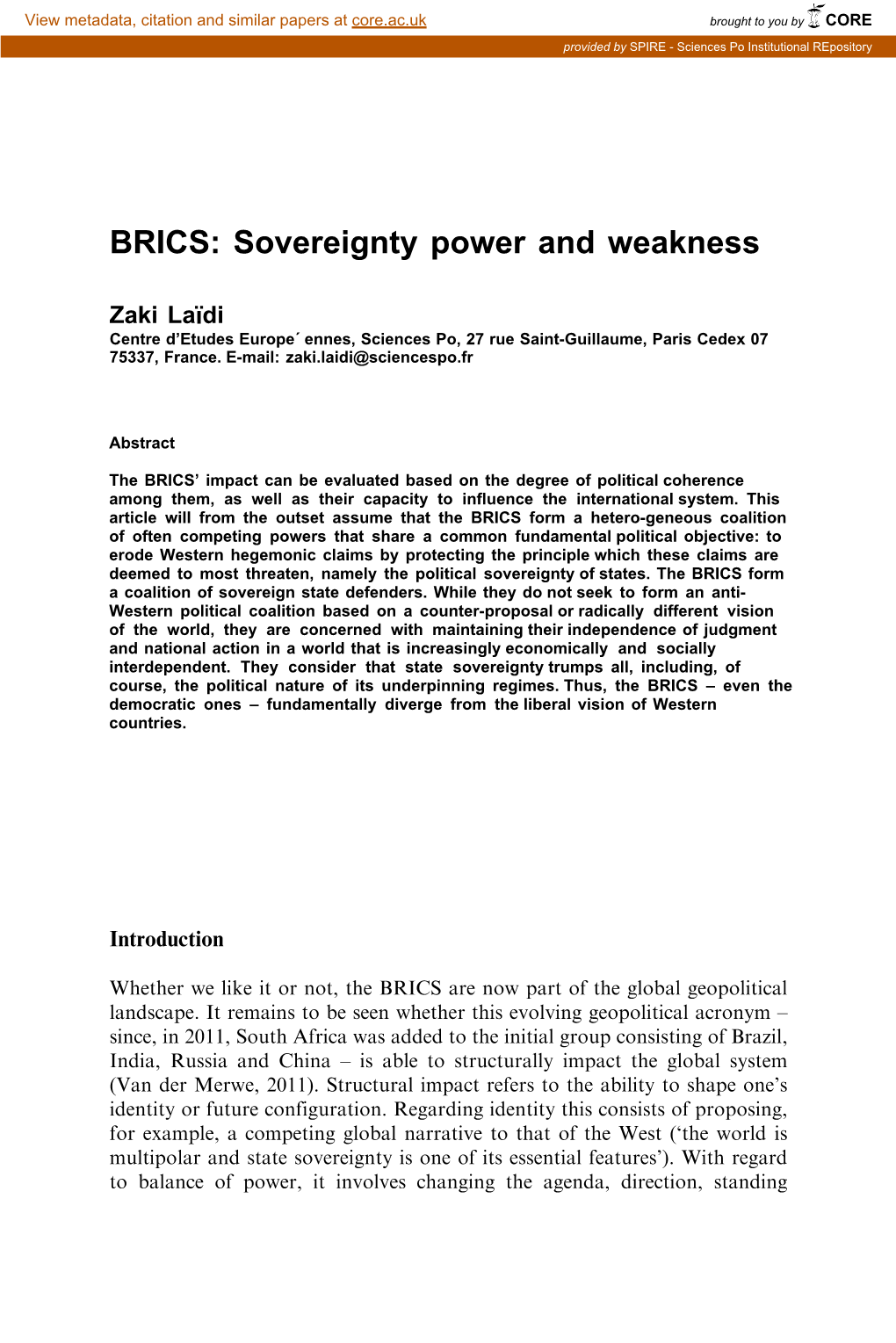 BRICS: Sovereignty Power and Weakness