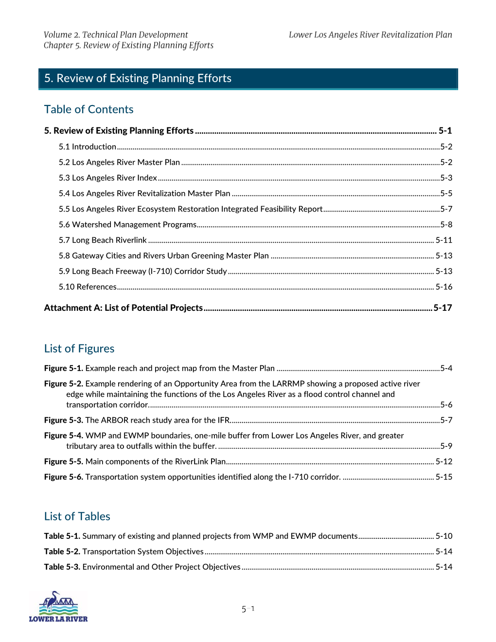 5. Review of Existing Planning Efforts Table of Contents List of Figures List of Tables