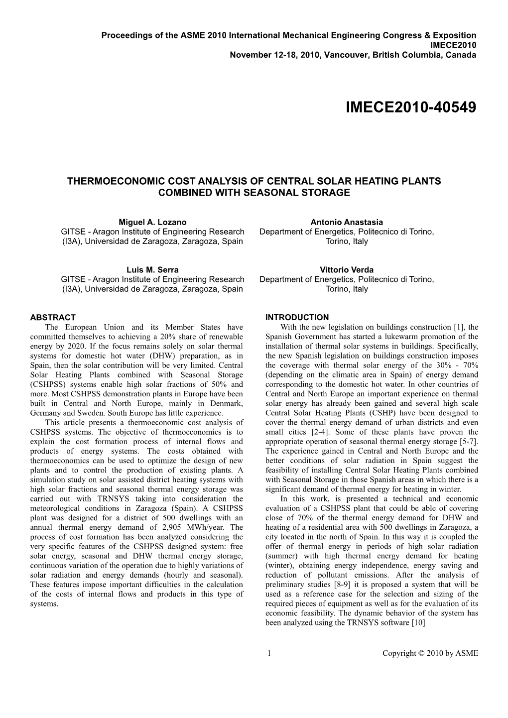 Thermoeconomic Cost Analysis of Central Solar Heating Plants Combined with Seasonal Storage