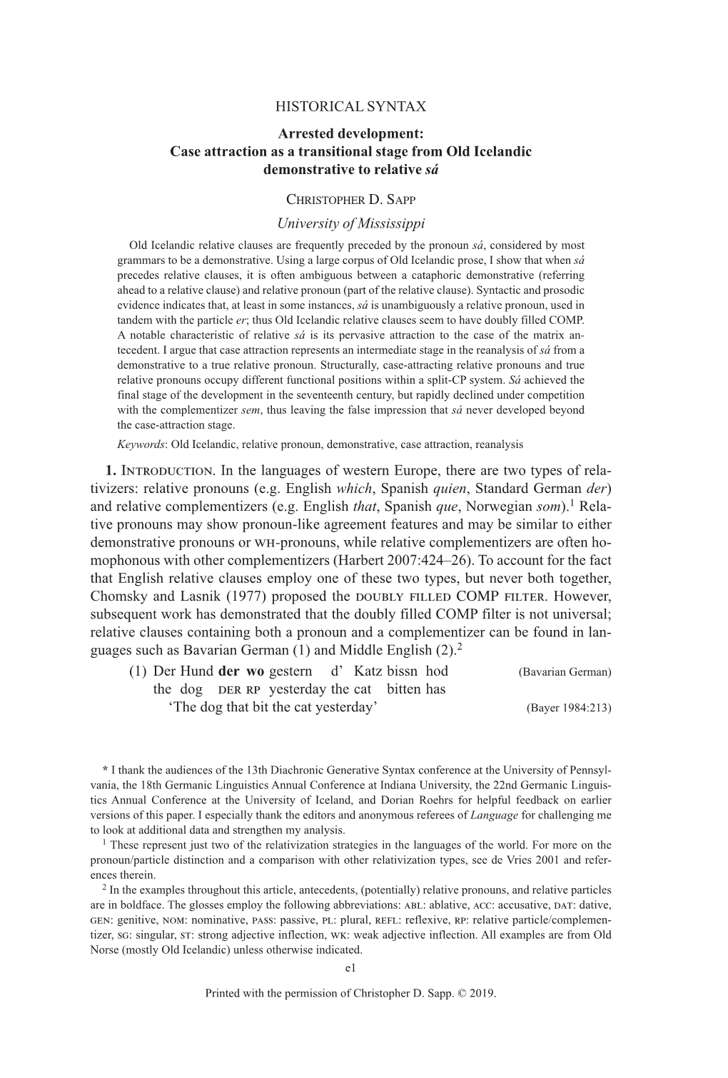 Case Attraction As a Transitional Stage from Old Icelandic Demonstrative to Relative Sá CHRISTOPHER D