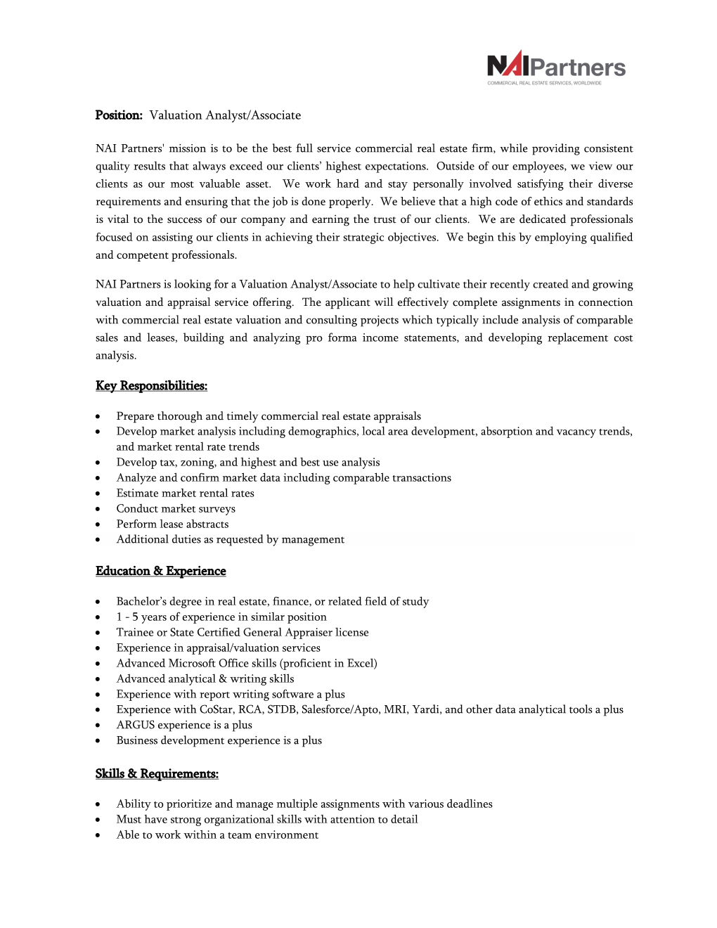 Position: Valuation Analyst/Associate Key Responsibilities