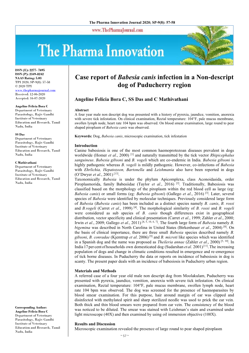 Case Report of Babesia Canis Infection in a Non-Descript Dog of Puducherry Region