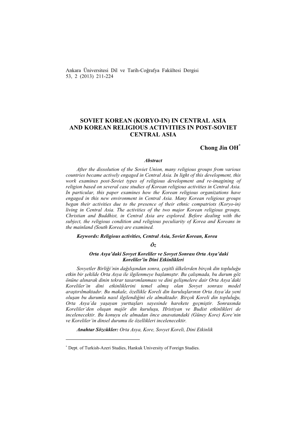 Soviet Korean (Koryo-In) in Central Asia and Korean Religious Activities in Post-Soviet Central Asia