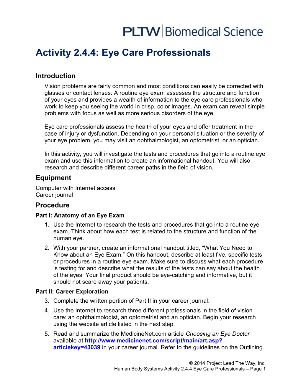 Activity 2.4.4: Eye Care Professionals