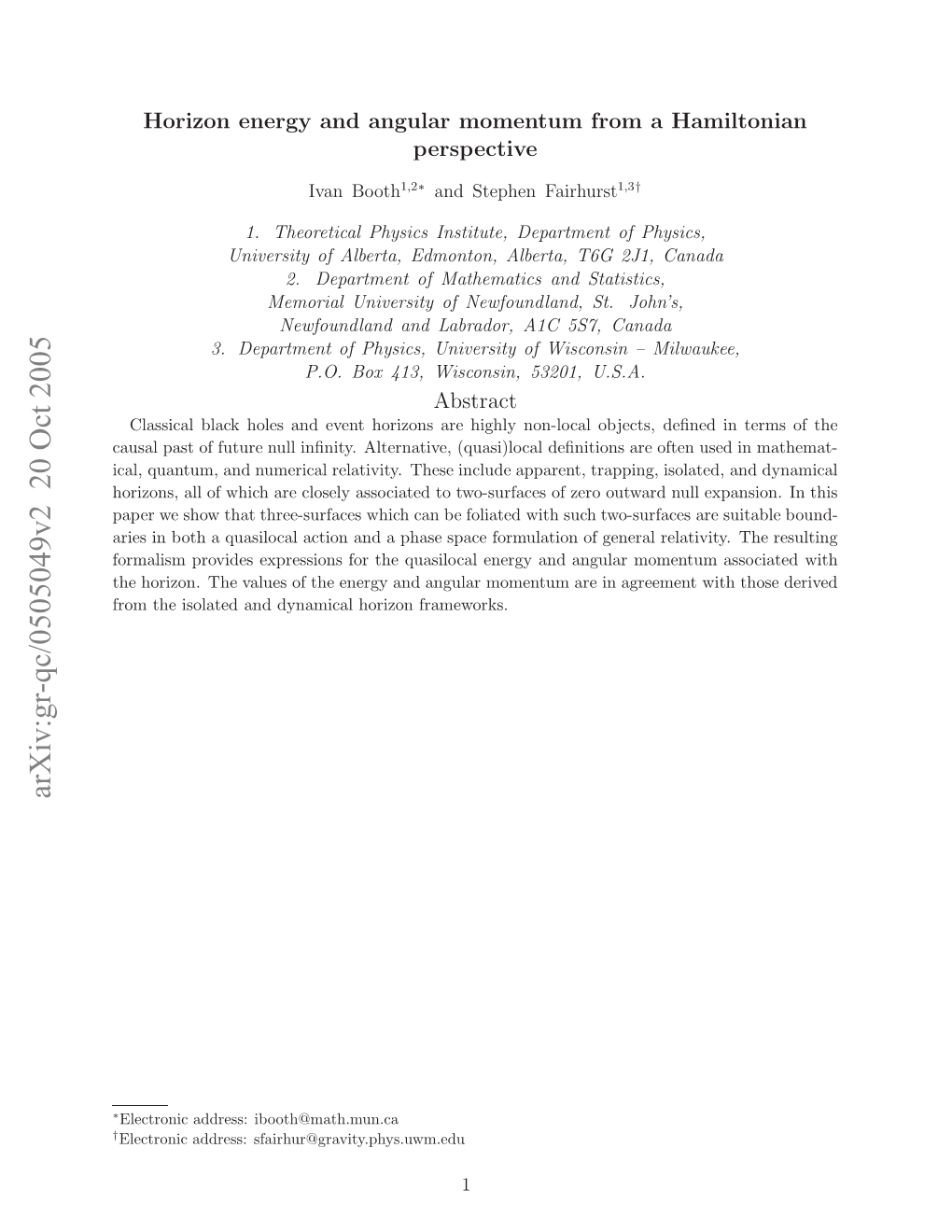 Horizon Energy and Angular Momentum from a Hamiltonian