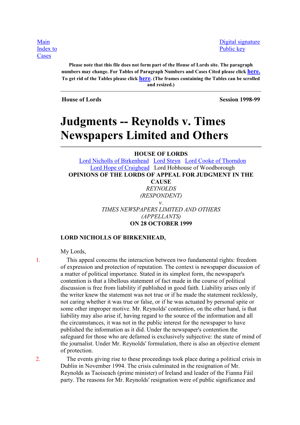 Reynolds V. Times Ewspapers Limited and Others
