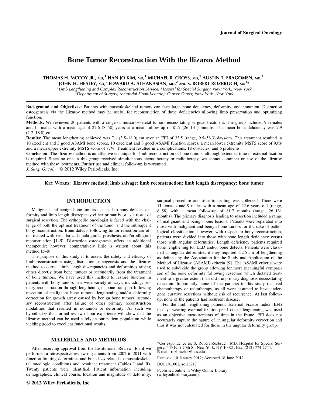 Bone Tumor Reconstruction with the Ilizarov Method