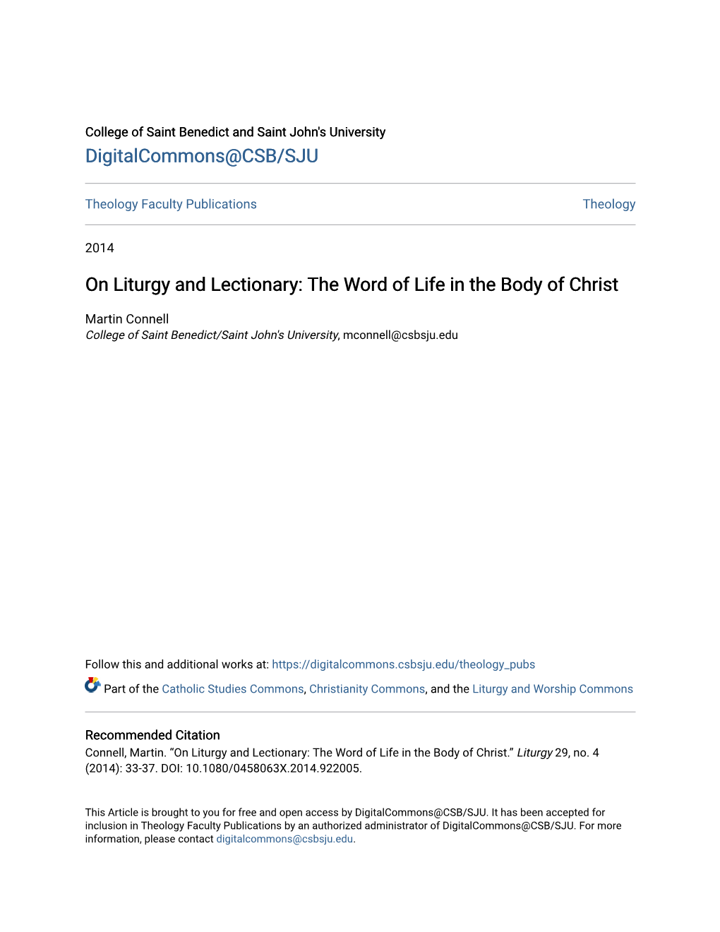 On Liturgy and Lectionary: the Word of Life in the Body of Christ