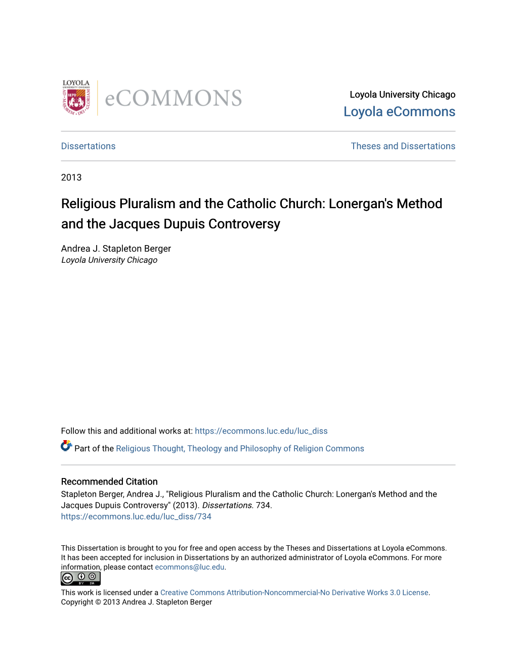 Religious Pluralism and the Catholic Church: Lonergan's Method and the Jacques Dupuis Controversy