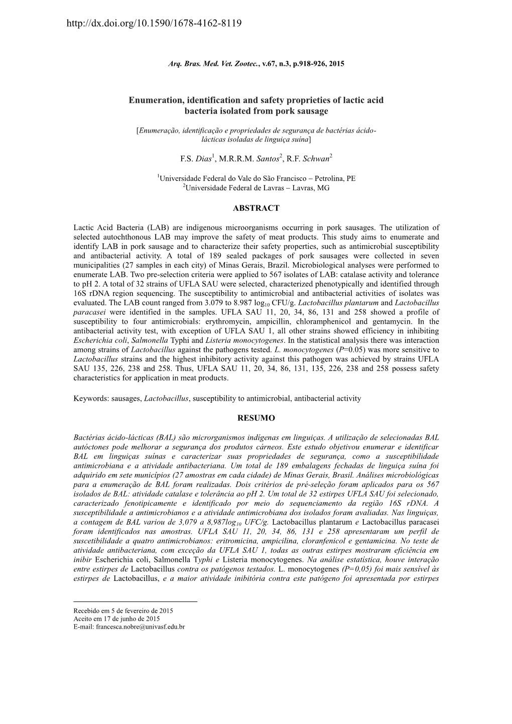 Enumeration, Identification and Safety Proprieties of Lactic Acid Bacteria Isolated from Pork Sausage