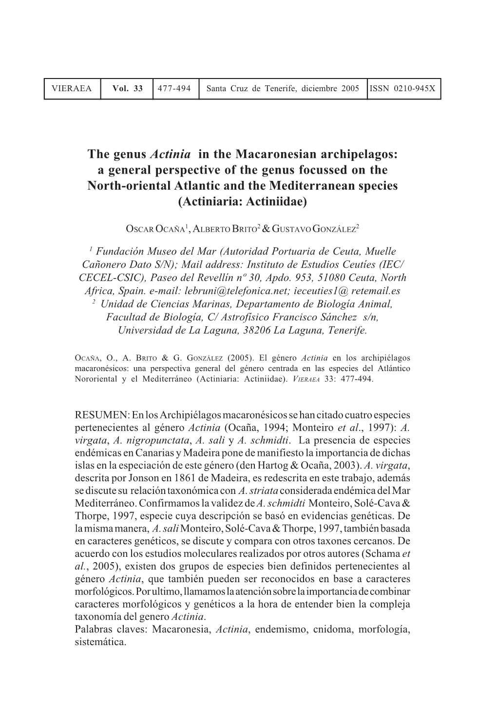 The Genus Actinia in the Macaronesian Archipelagos: A