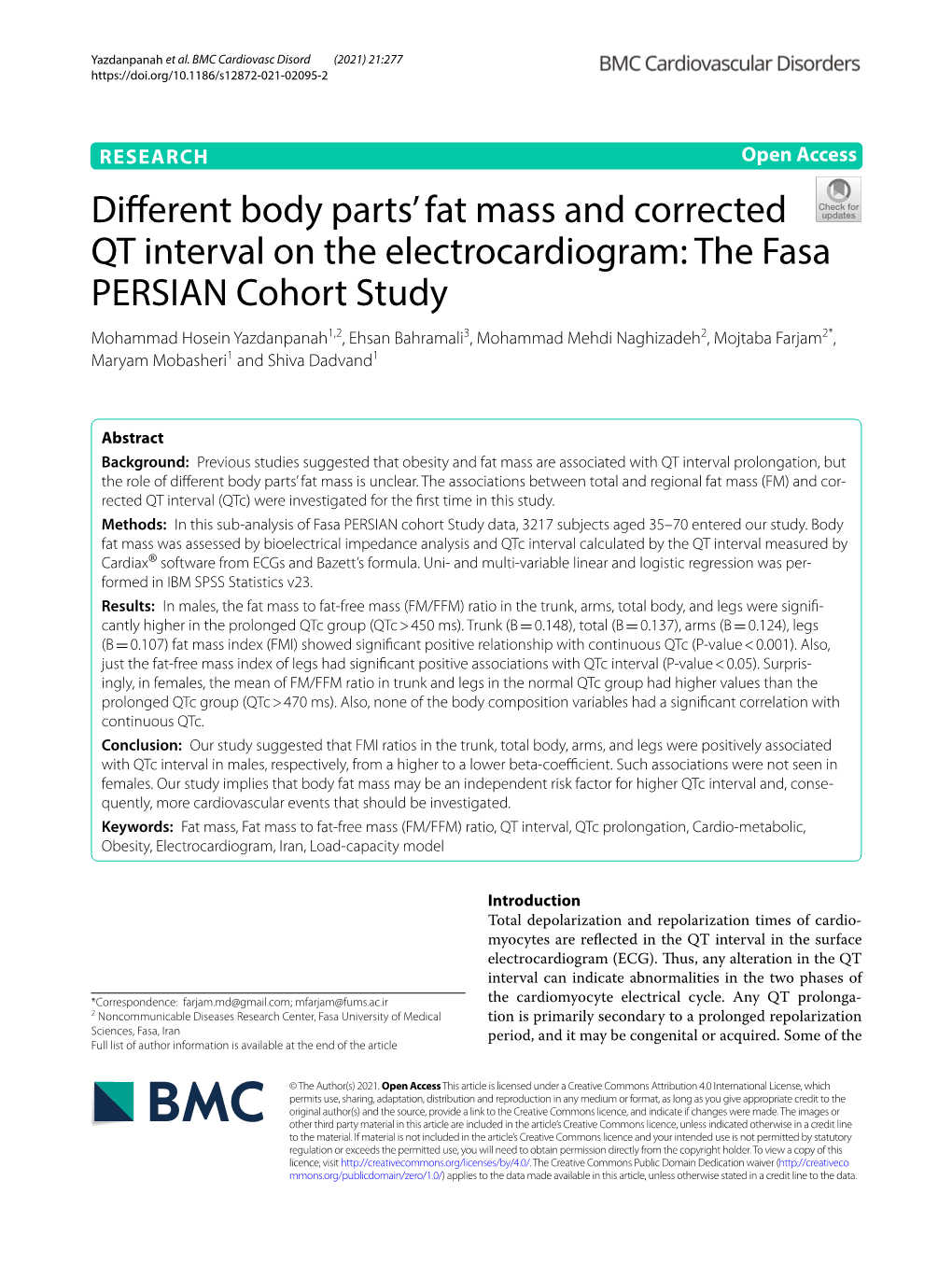 Different Body Parts' Fat Mass and Corrected QT Interval on The