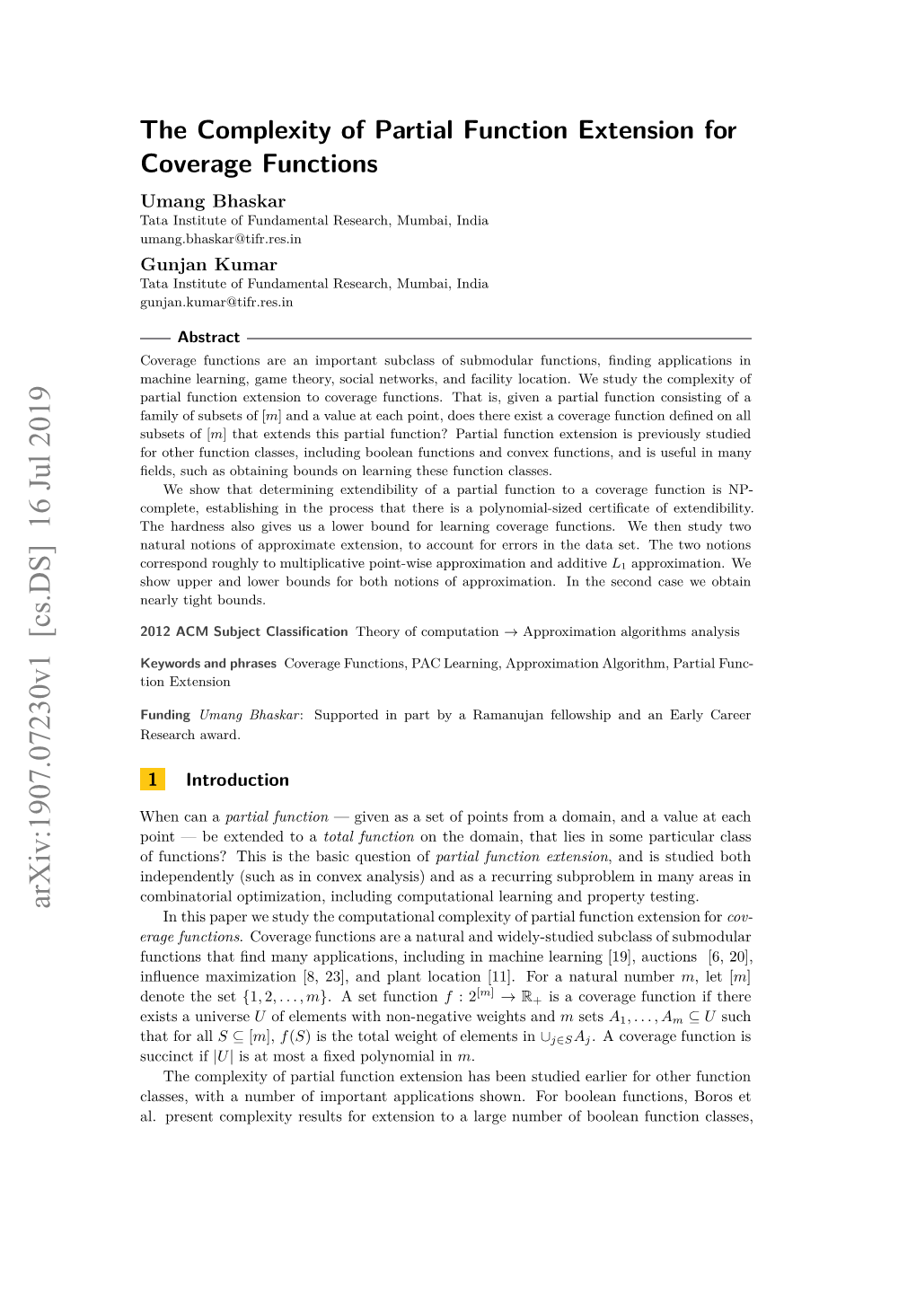 The Complexity of Partial Function Extension for Coverage Functions