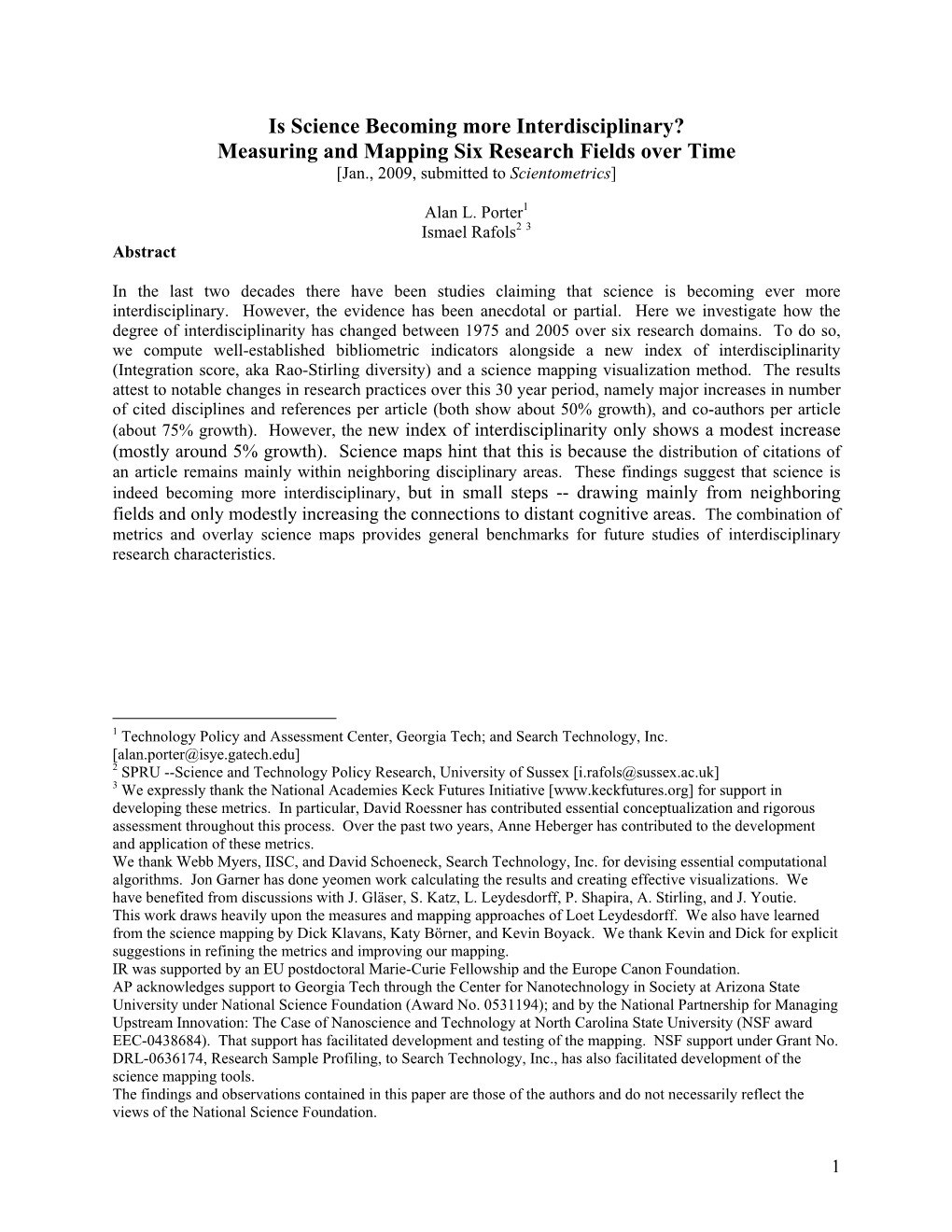 Is Science Becoming More Interdisciplinary? Measuring and Mapping Six Research Fields Over Time [Jan., 2009, Submitted to Scientometrics]