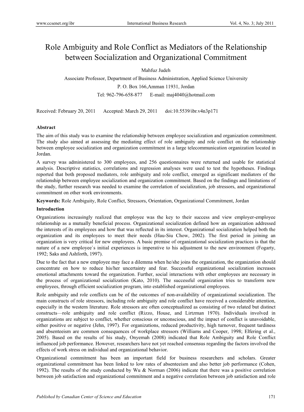 Role Ambiguity and Role Conflict As Mediators of the Relationship Between Socialization and Organizational Commitment