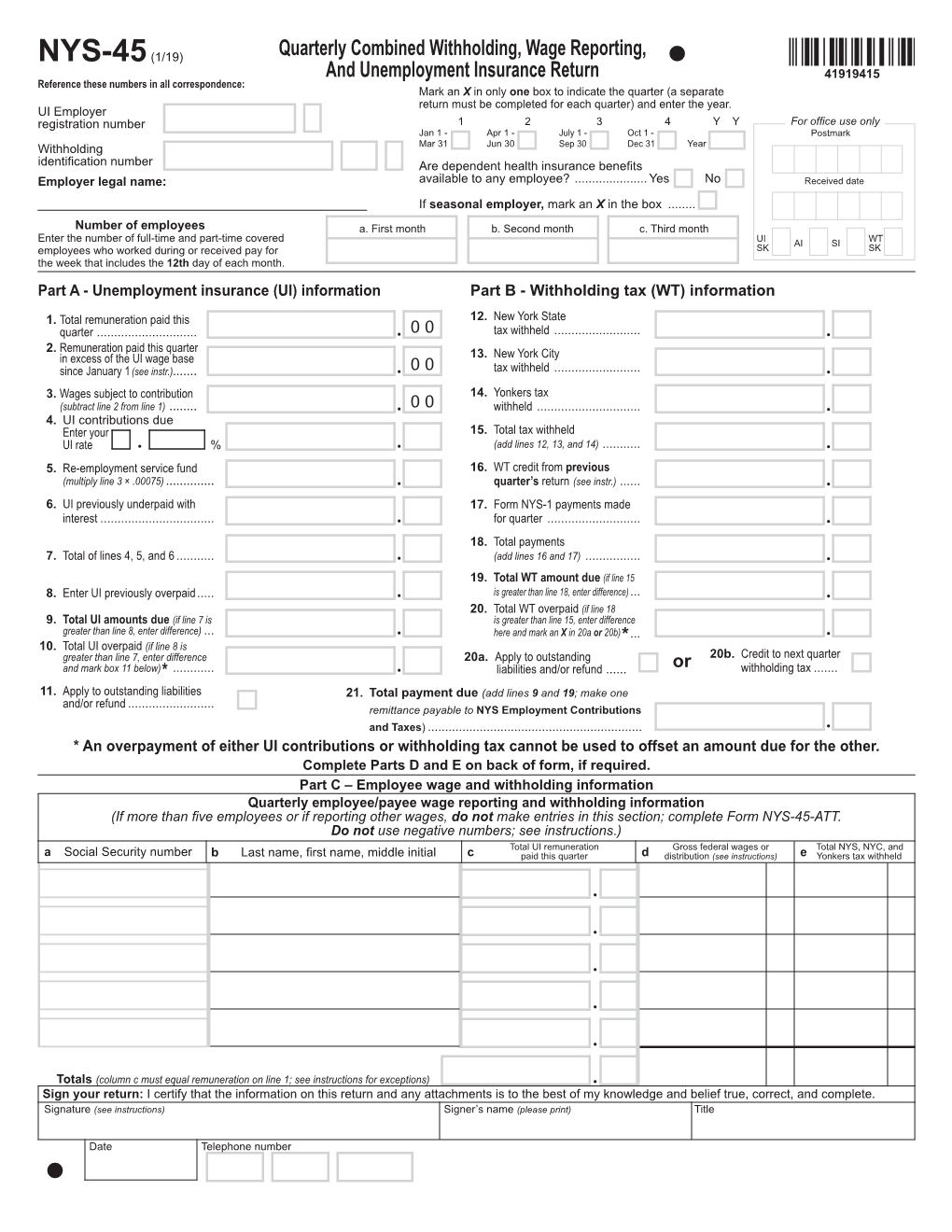 Form NYS-45:1/19:Quarterly Combined Withholding, Wage