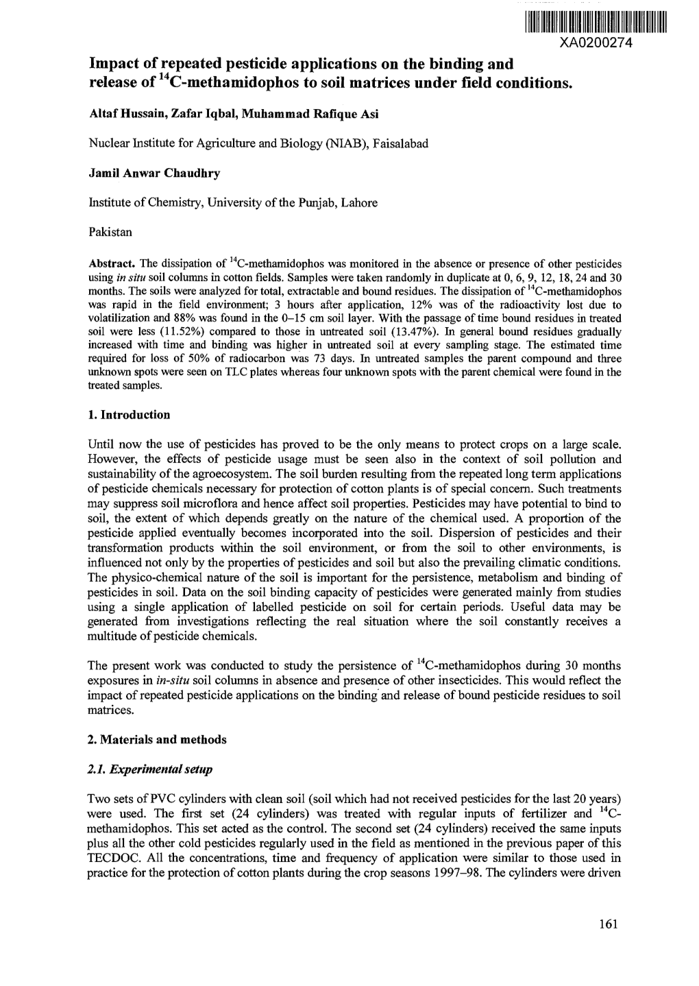 Impact of Repeated Pesticide Applications on the Binding and Release of 14C-Methamidophos to Soil Matrices Under Field Conditions