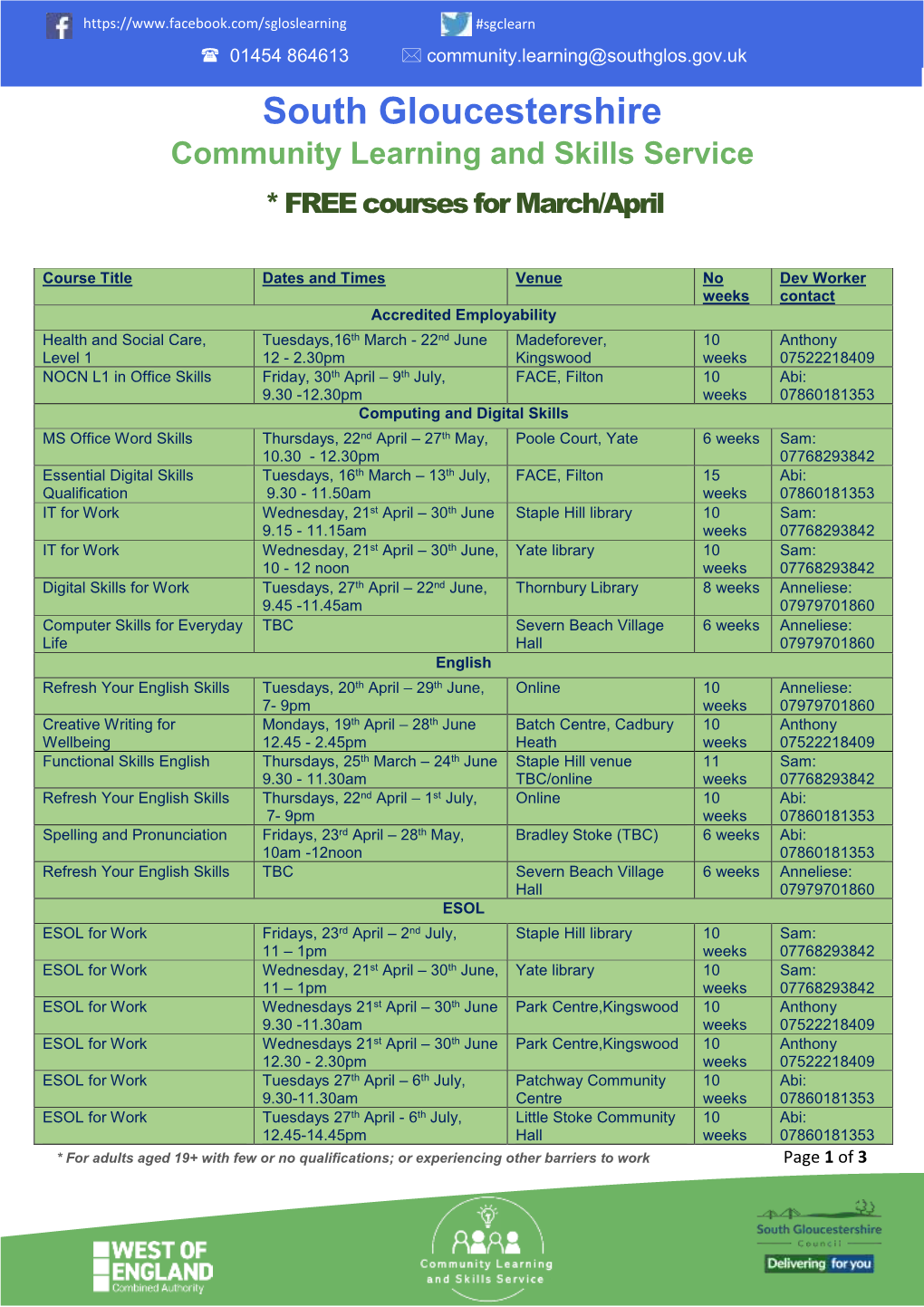 South Gloucestershire Community Learning and Skills Service * FREE Courses for March/April