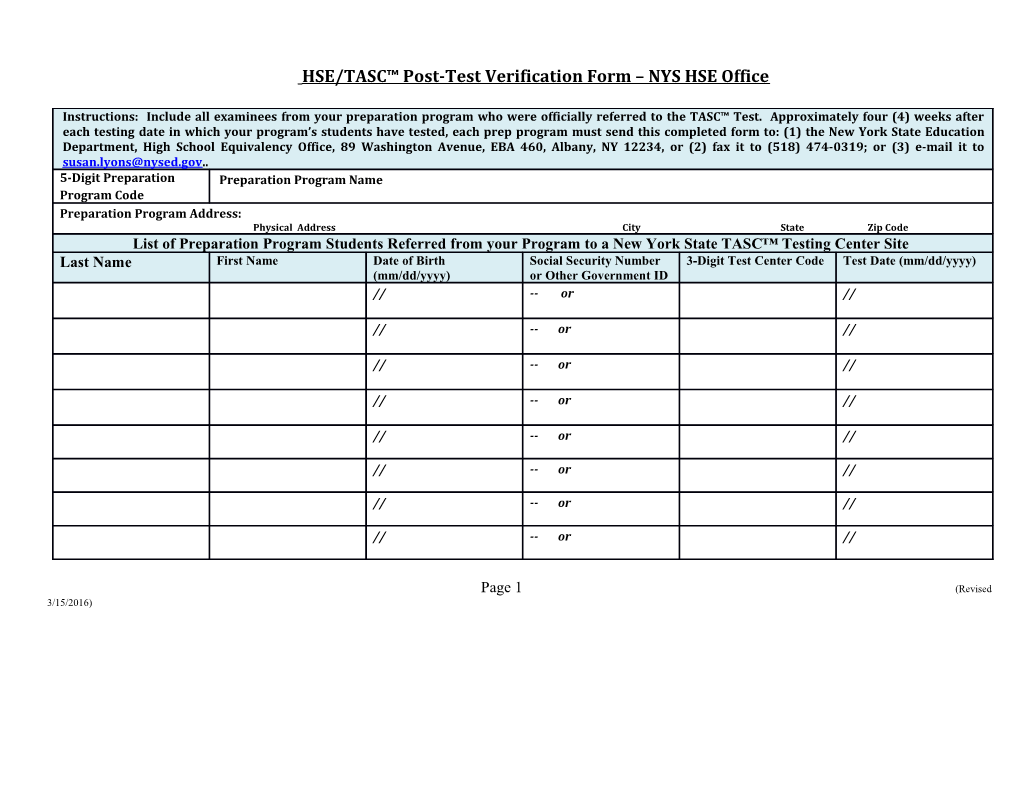 HSE/TASC Post-Test Verification Form NYS HSE Office