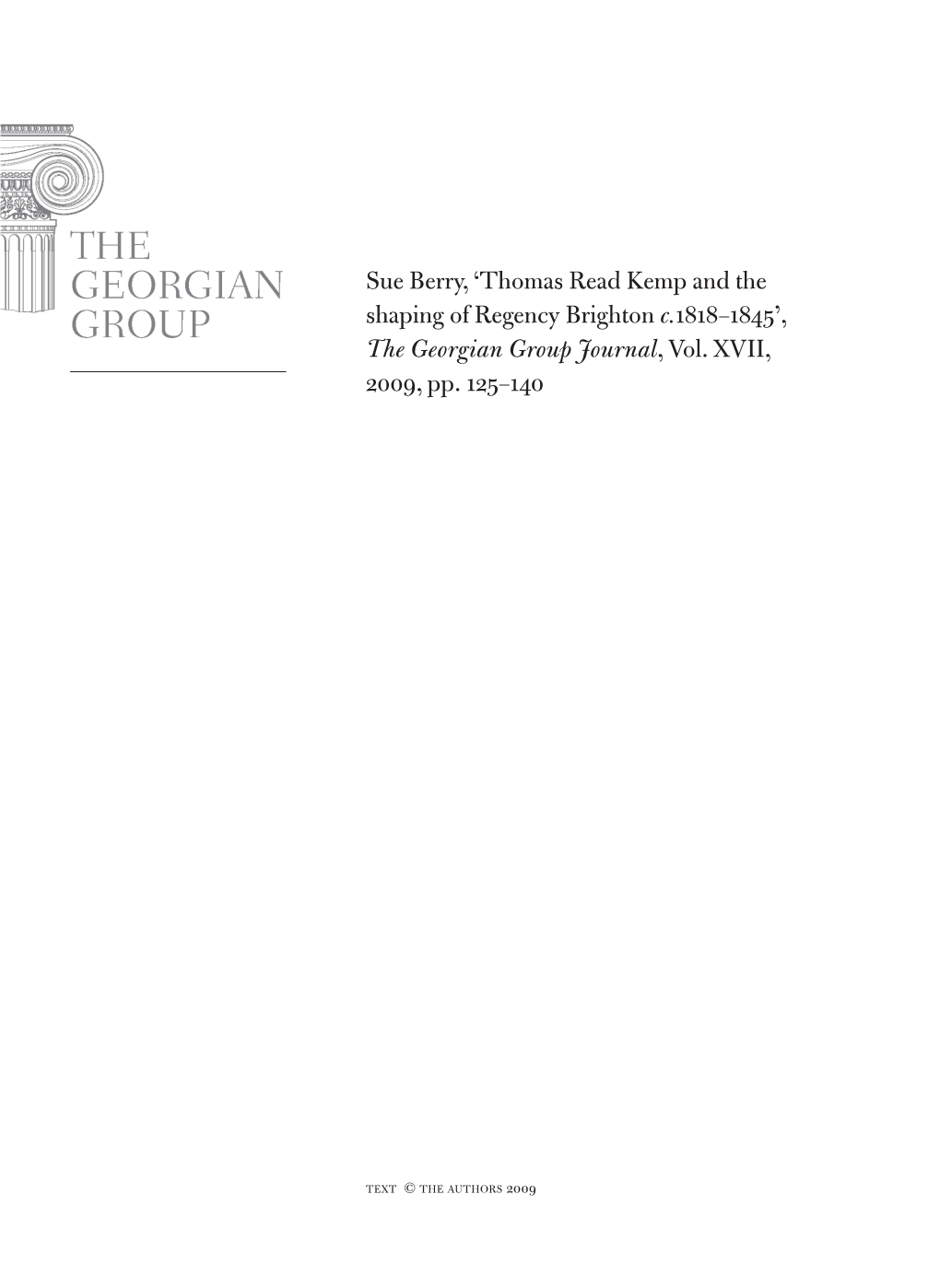 Thomas Read Kemp and the Shaping of Regency Brighton C.1818–1845’, the Georgian Group Journal, Vol