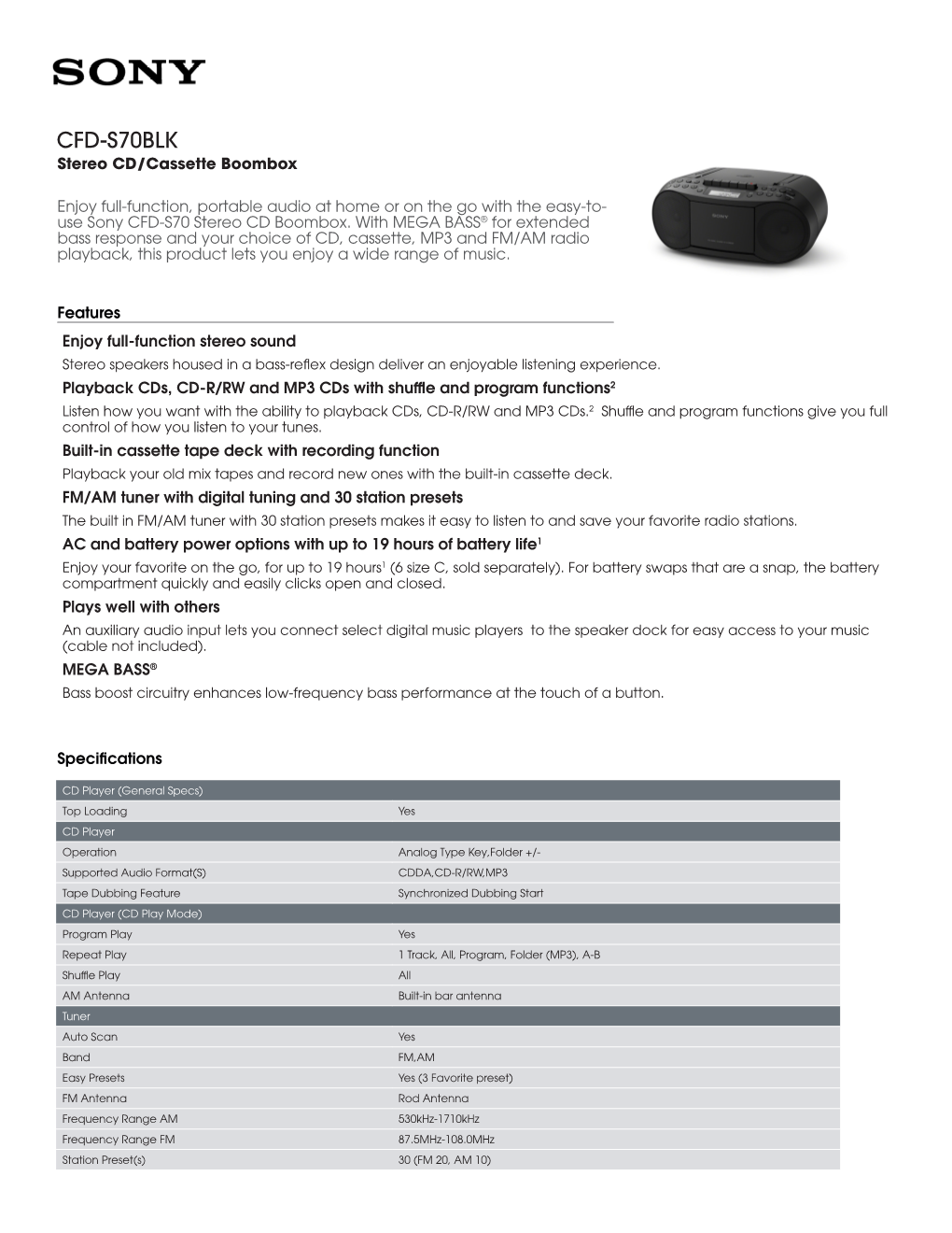 CFD-S70BLK Stereo CD/Cassette Boombox