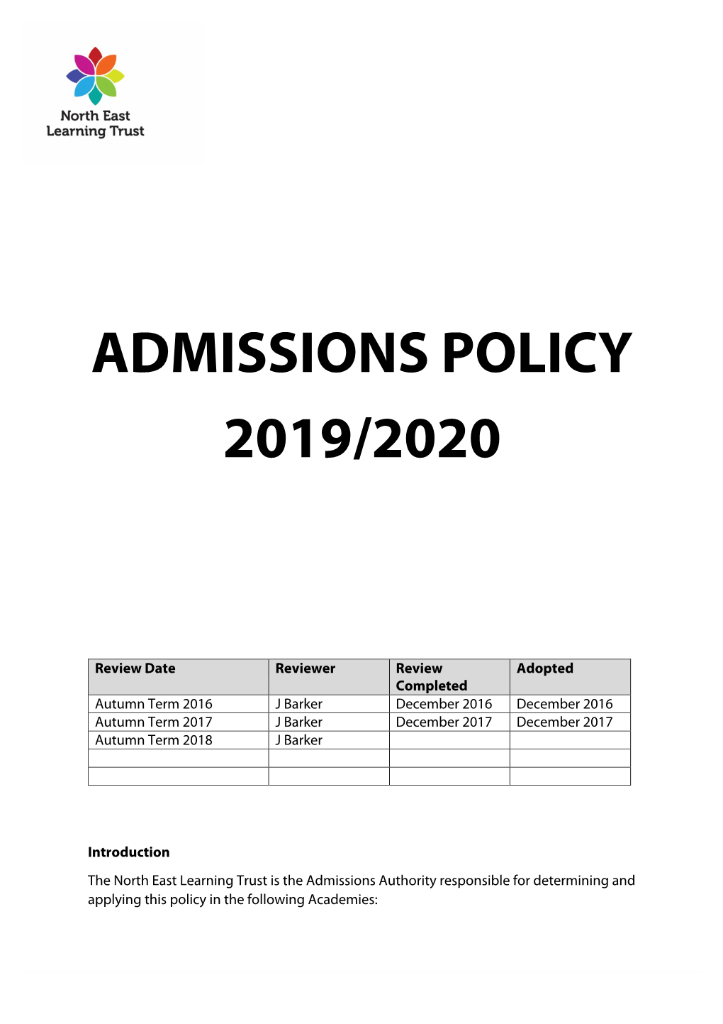 Admissions Policy 2019/2020
