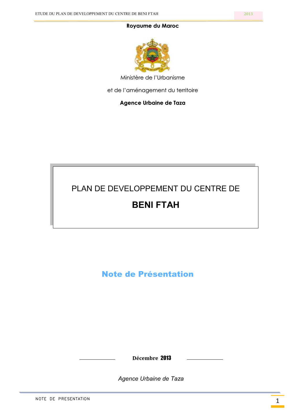 Etude Du Plan De Developpement Du Centre De Beni Ftah 2013