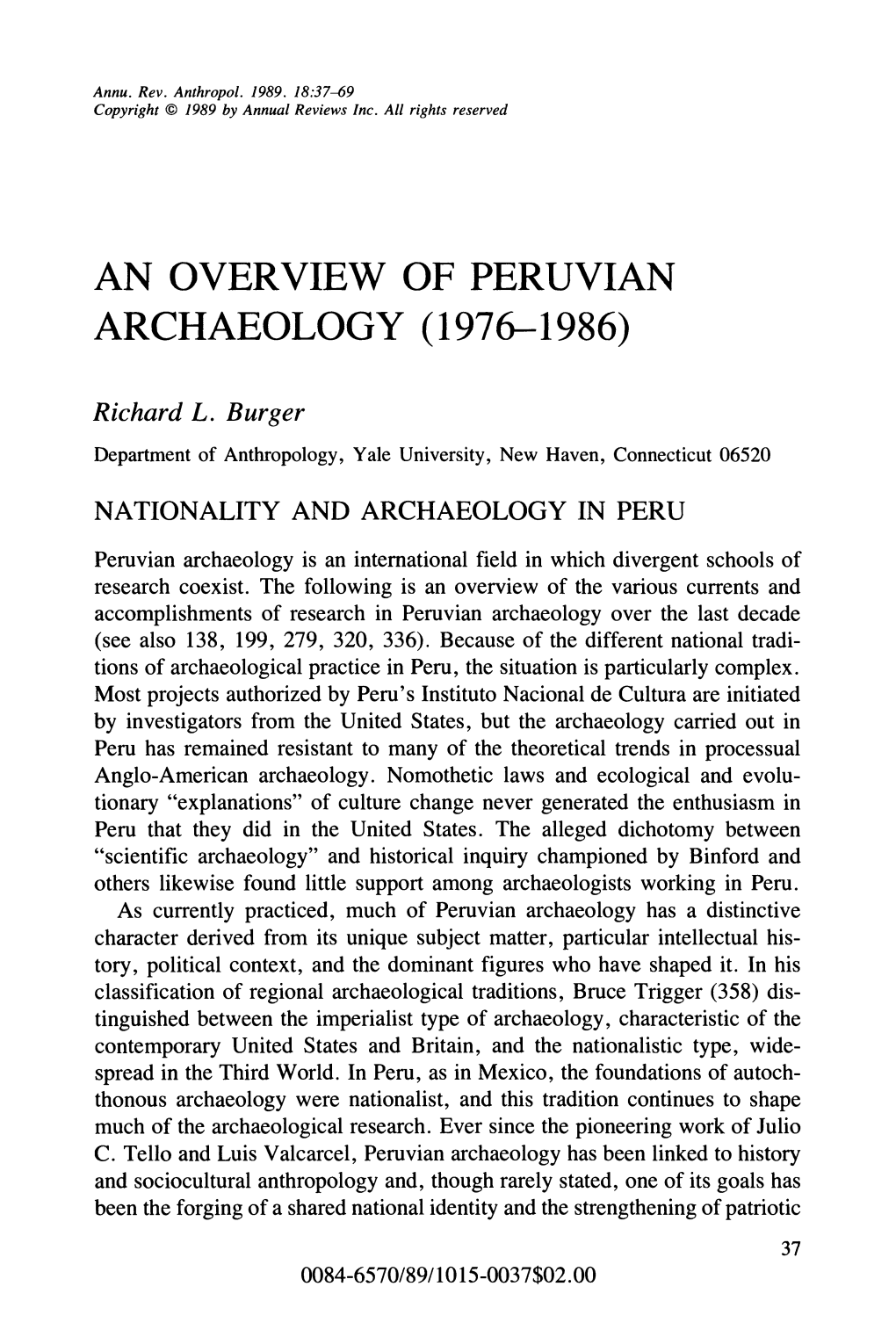 An Overview of Peruvian Archaeology (1976-1986)