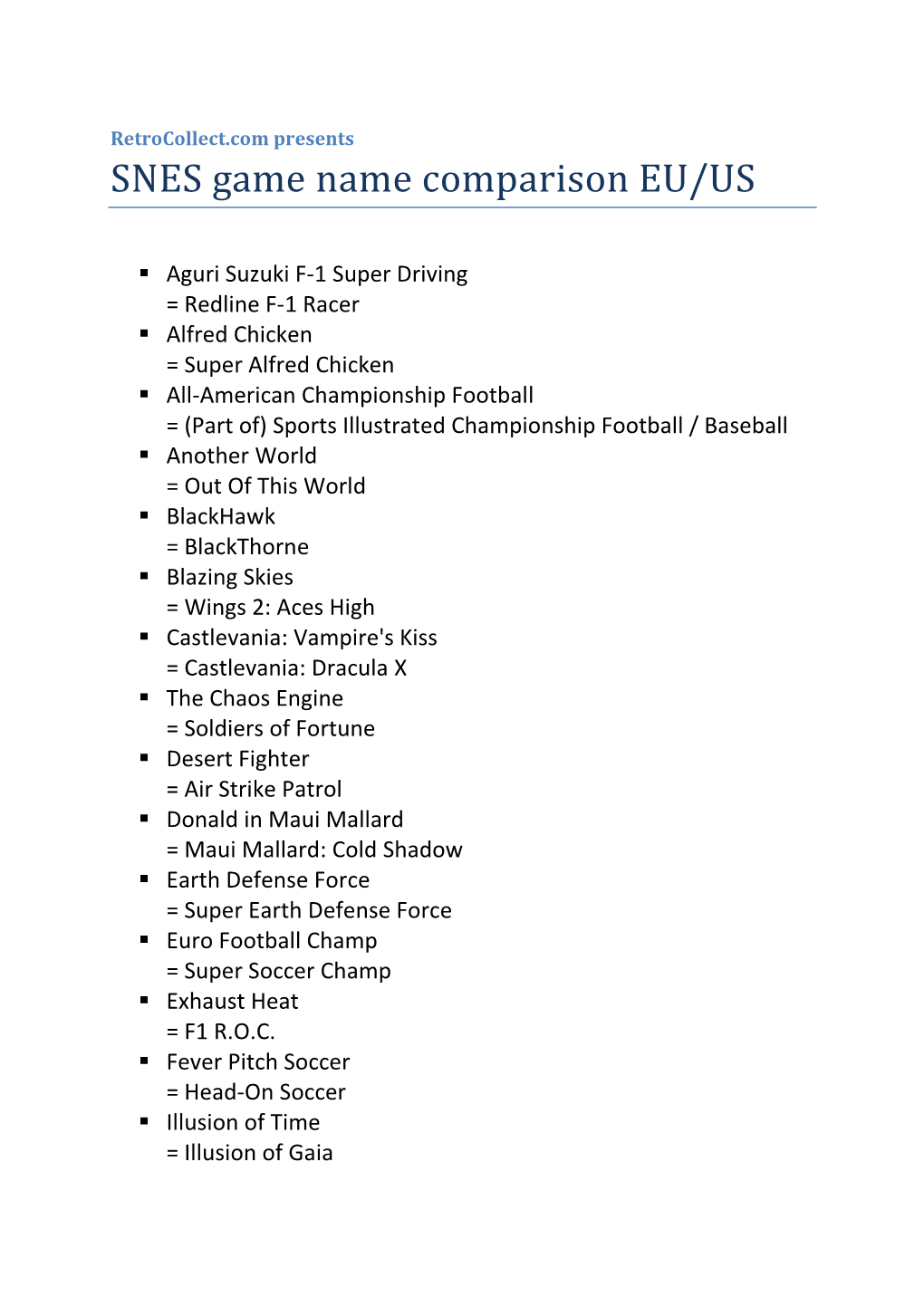 SNES Game Name Comparison EU/US