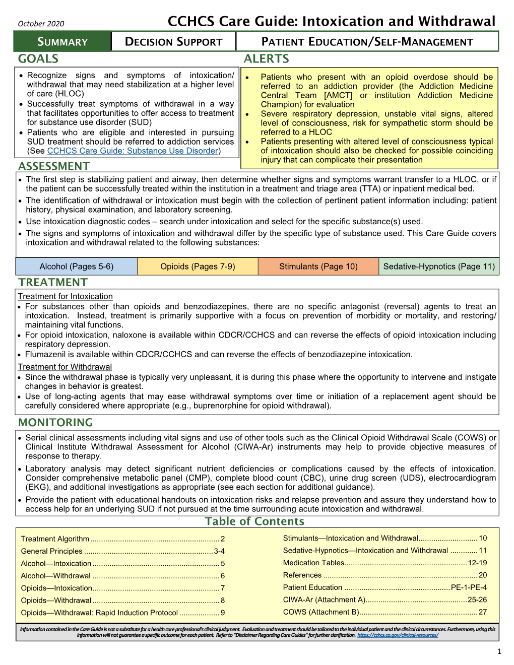 CCHCS Care Guide: Intoxication and Withdrawal SUMMARY DECISION SUPPORT PATIENT EDUCATION/SELF-MANAGEMENT GOALS ALERTS