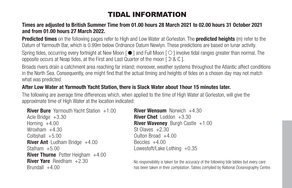 TIDAL INFORMATION Times Are Adjusted to British Summer Time from 01.00 Hours 28 March 2021 to 02.00 Hours 31 October 2021 and from 01.00 Hours 27 March 2022