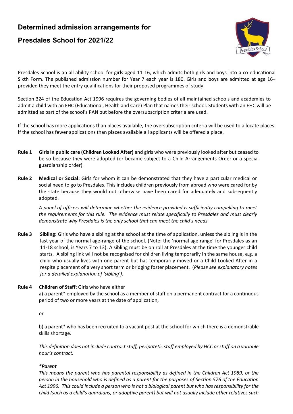 Determined Admission Arrangements for Presdales School for 2021/22