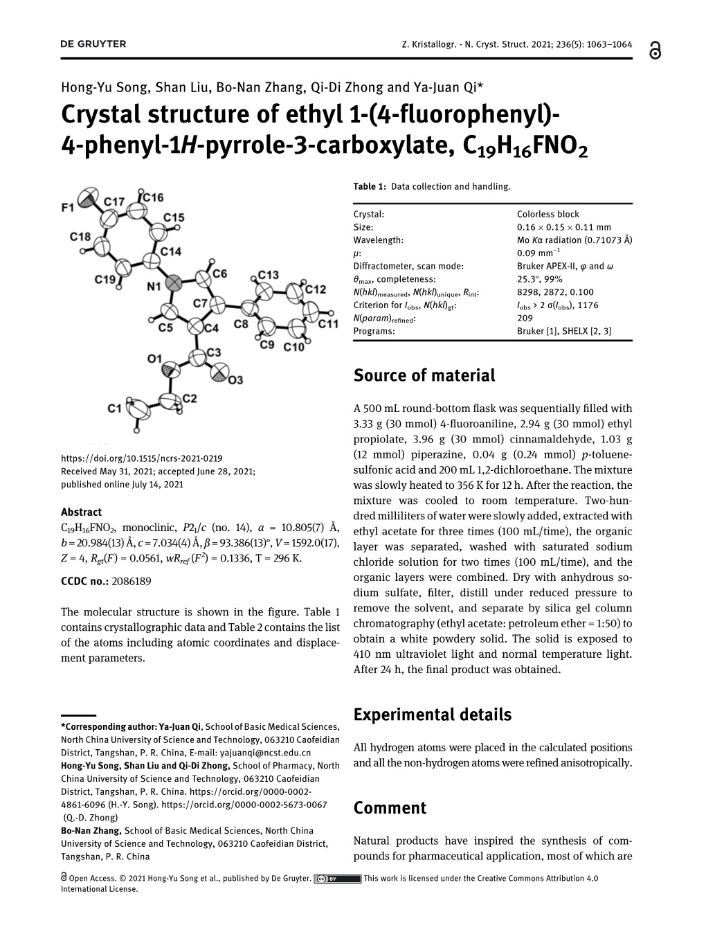 Crystal Structure of Ethyl 1-(4-Fluorophenyl)-4-Phenyl-1H