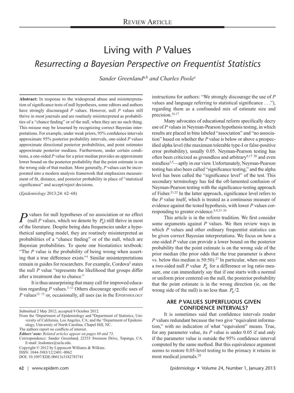 Living with P Values Greenland and Poole Resurrecting a Bayesian Perspective on Frequentist Statistics