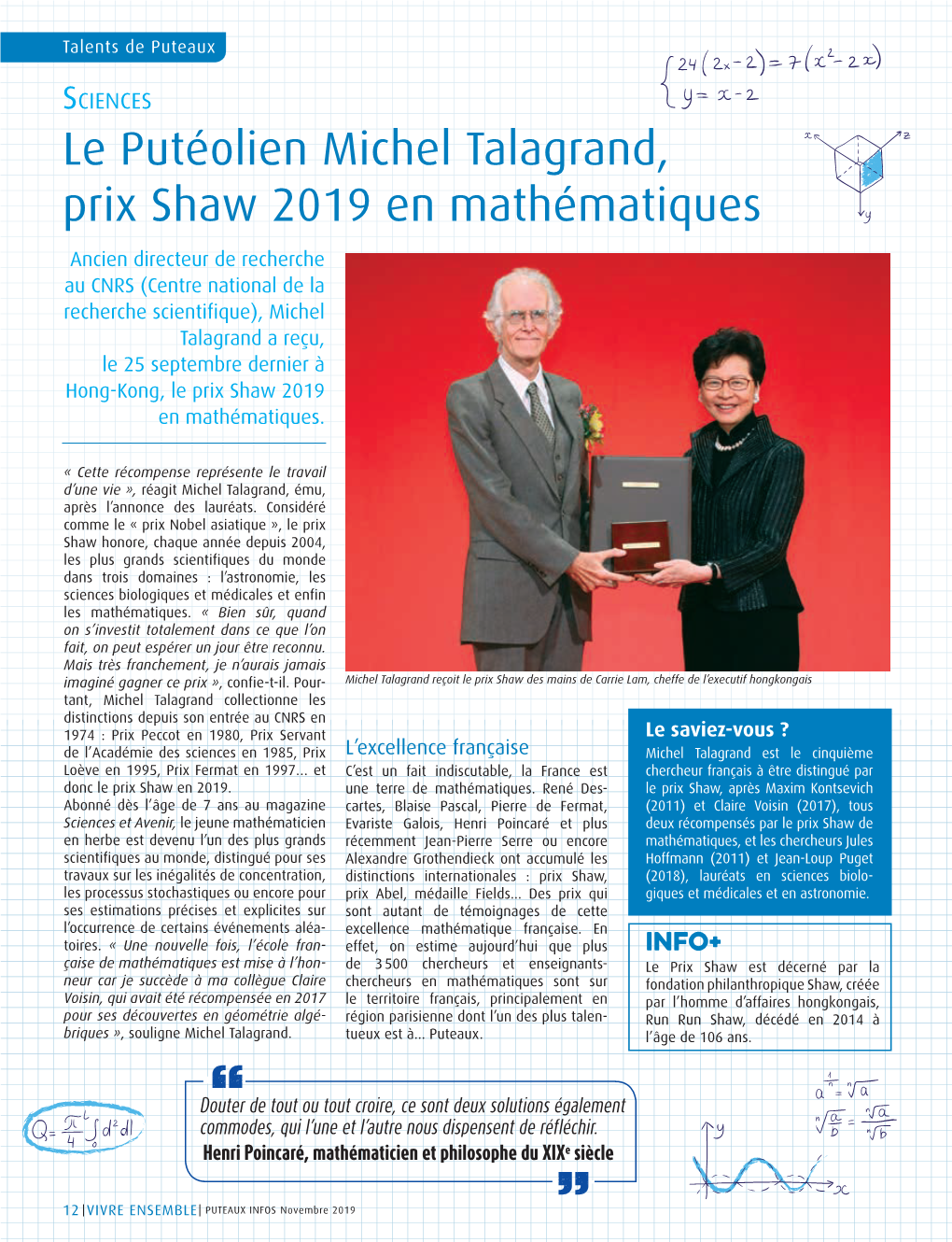 Le Putéolien Michel Talagrand, Prix Shaw 2019 En Mathématiques