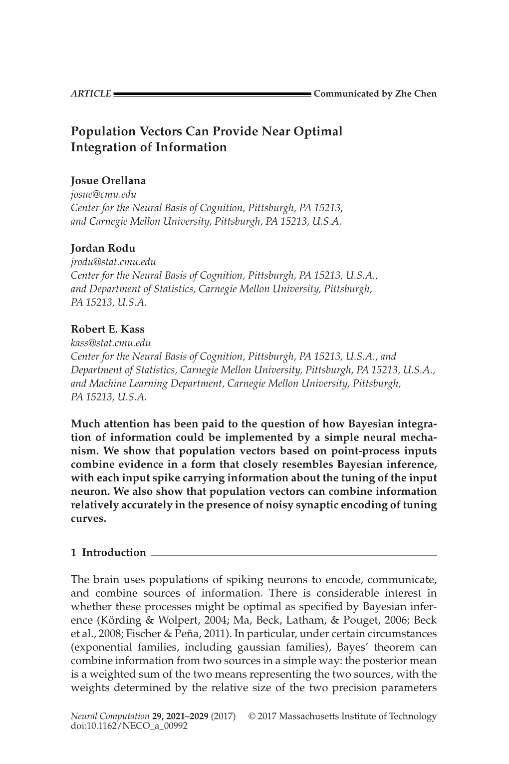 Population Vectors Can Provide Near Optimal Integration of Information