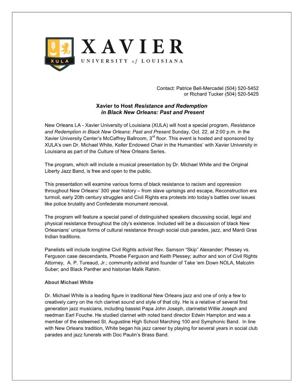 Xavier to Host Resistance and Redemption in Black New Orleans: Past and Present