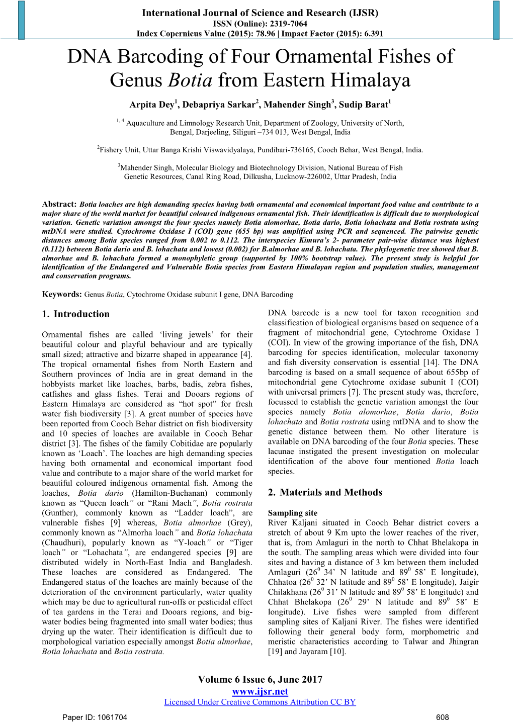 DNA Barcoding of Four Ornamental Fishes of Genus Botia from Eastern Himalaya