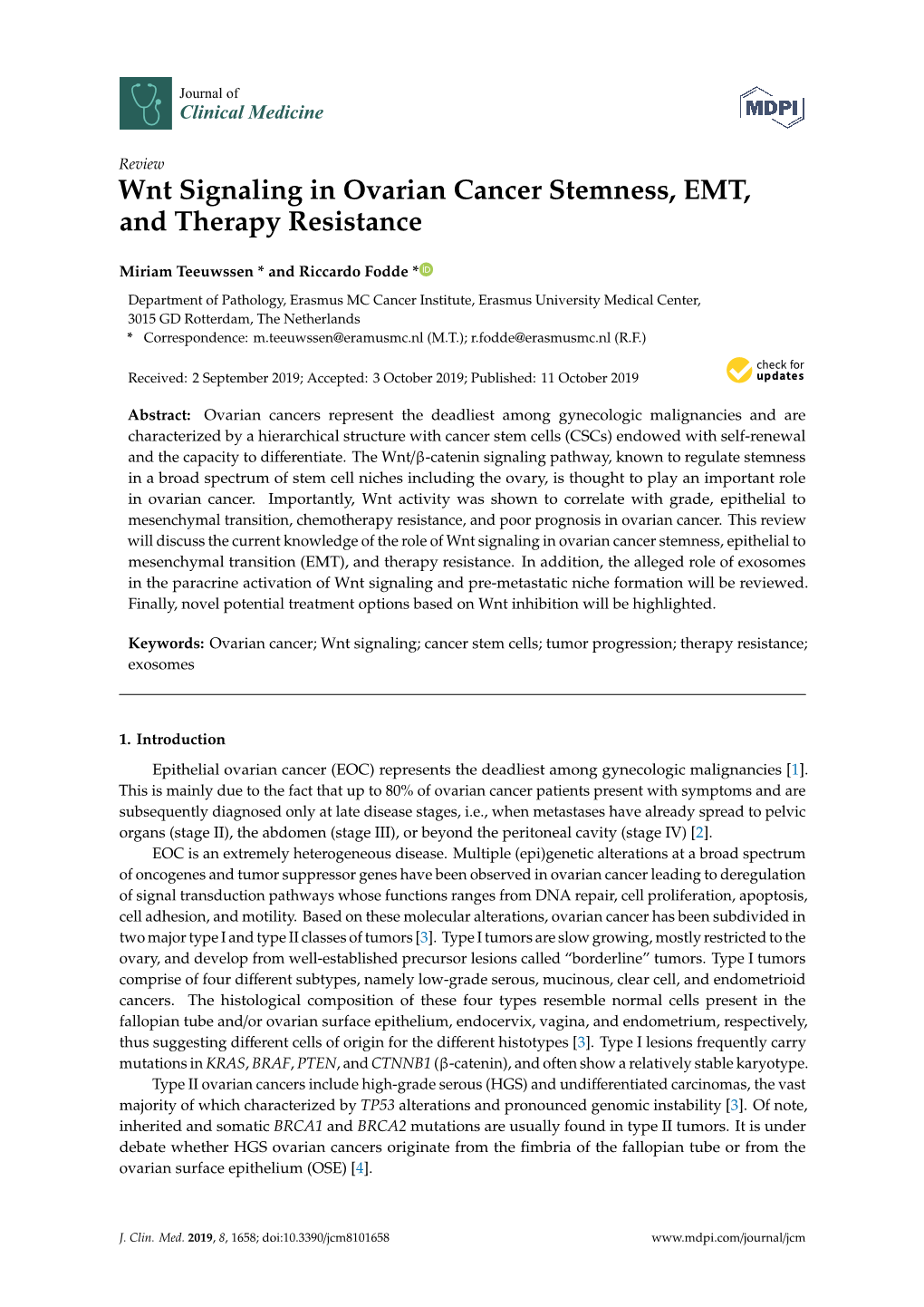 Wnt Signaling in Ovarian Cancer Stemness, EMT, and Therapy Resistance