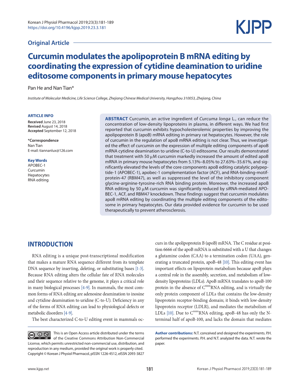 Curcumin Modulates the Apolipoprotein B Mrna Editing By