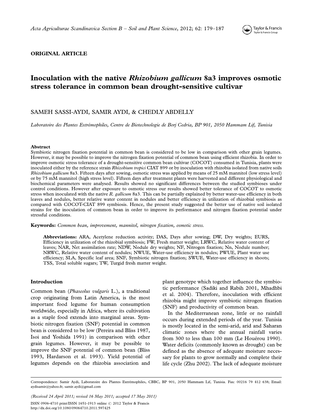 Inoculation with the Native Rhizobium Gallicum 8A3 Improves Osmotic Stress Tolerance in Common Bean Drought-Sensitive Cultivar