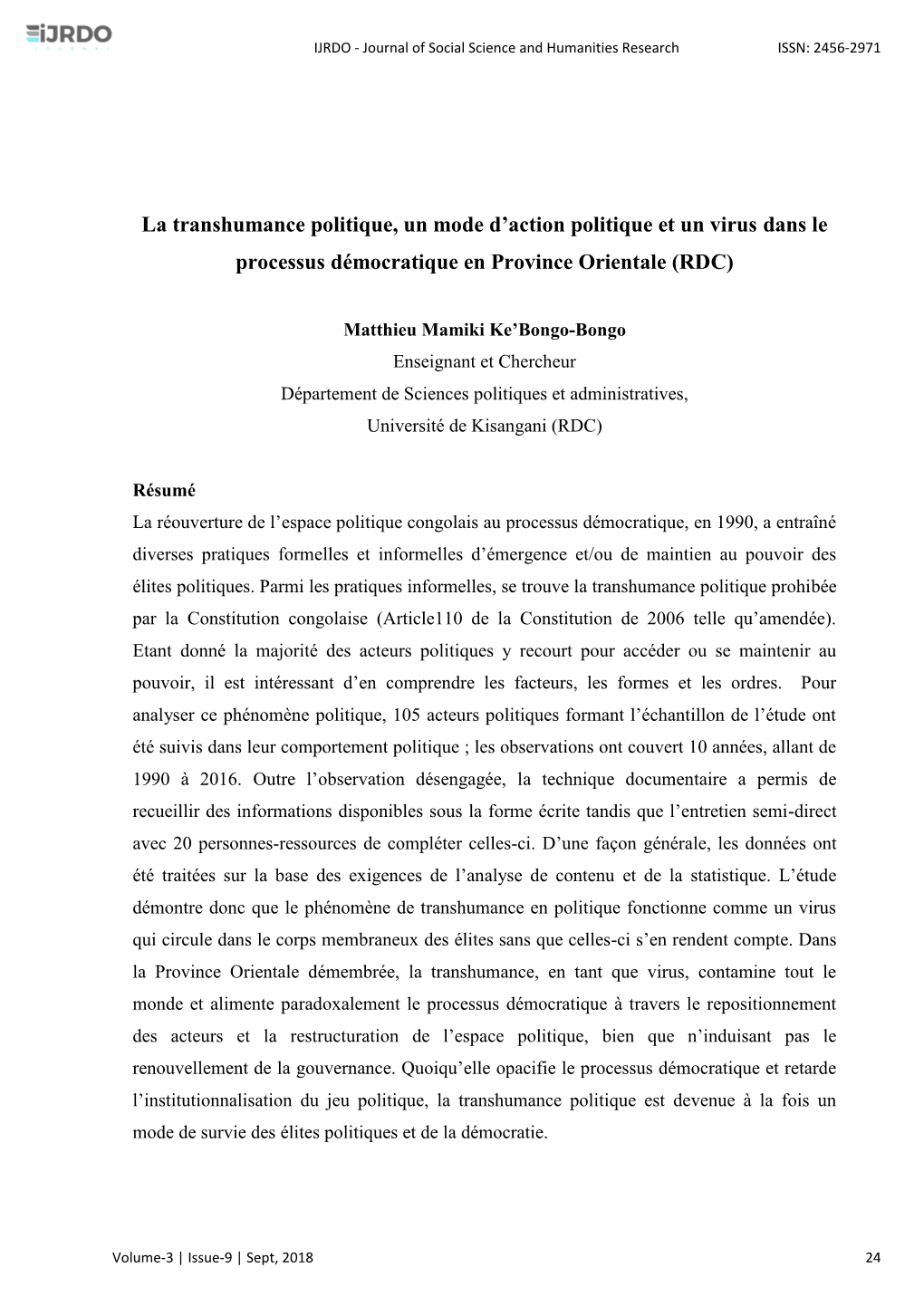 La Transhumance Politique, Un Mode D'action Politique Et Un Virus Dans Le