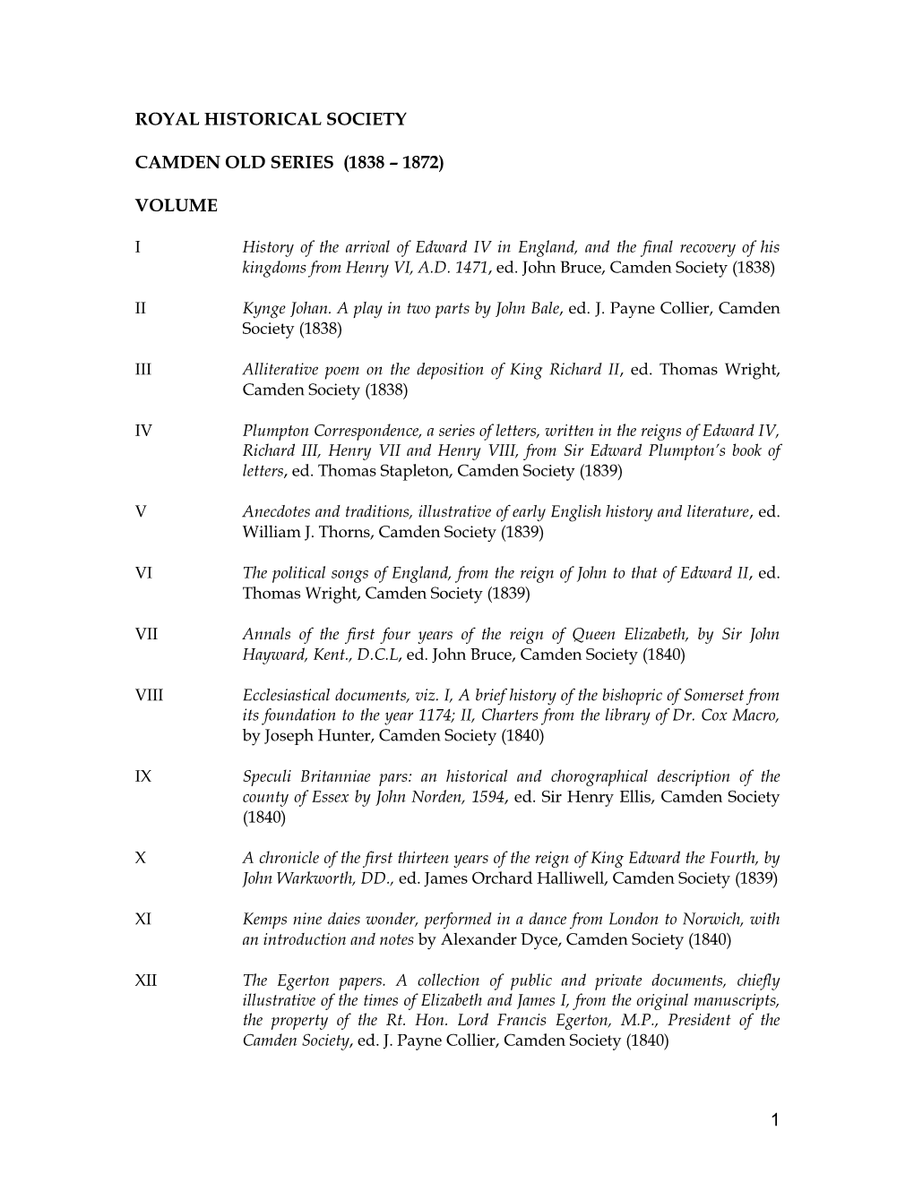 Camden Old Series (1838 – 1872)