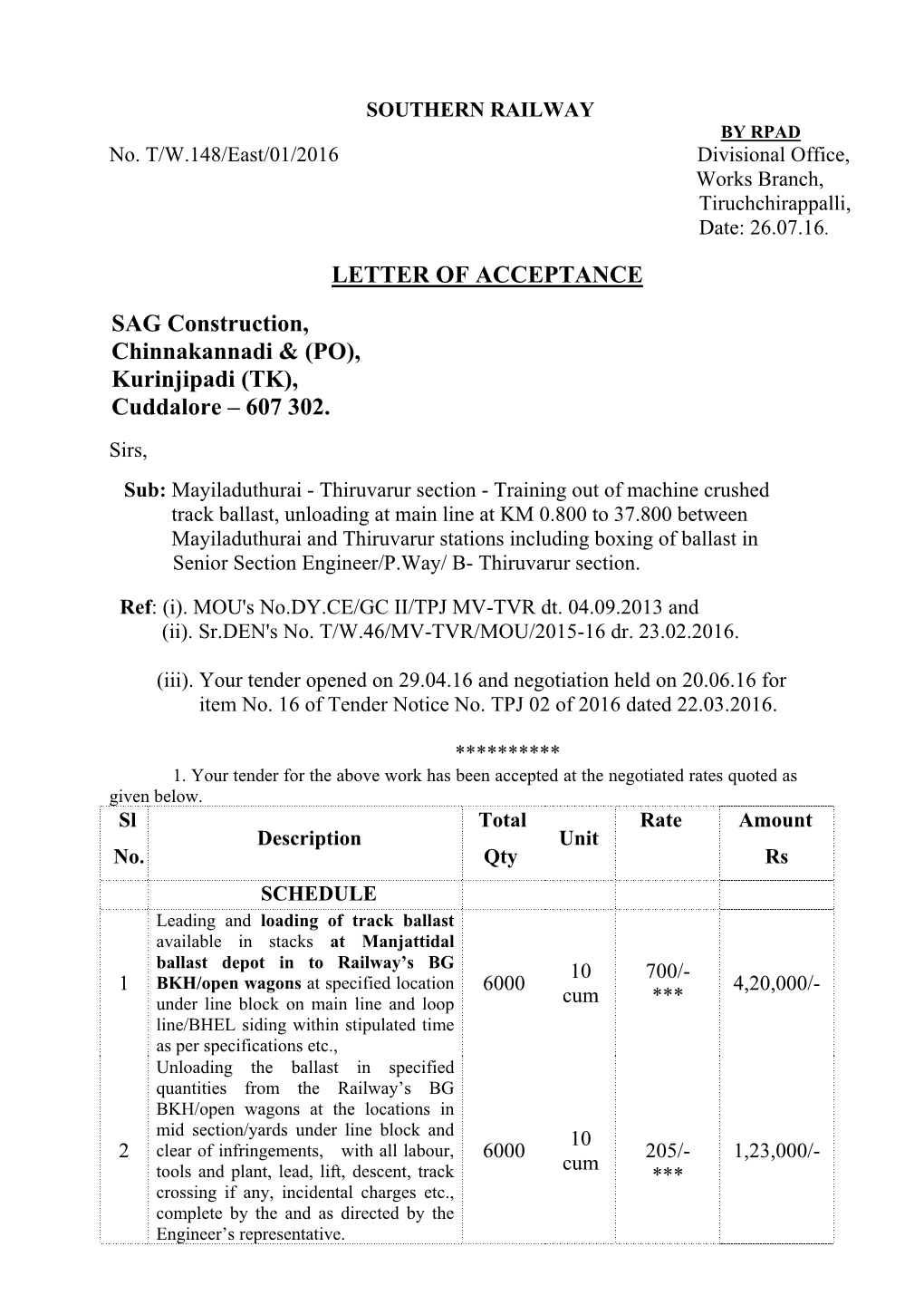 Document Submitted Along with Your Offer Will Also Be Applicable and the Contract Agreement to Be Signed by You Will Be Replica of the Same