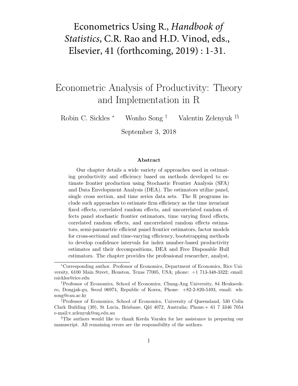 Econometric Analysis of Productivity: Theory and Implementation in R