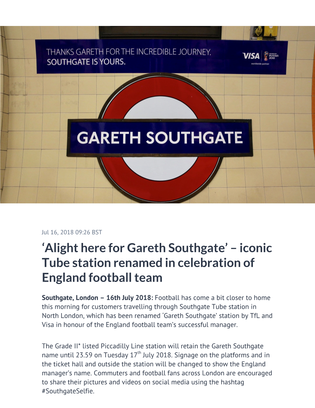 'Alight Here for Gareth Southgate' – Iconic Tube Station Renamed In
