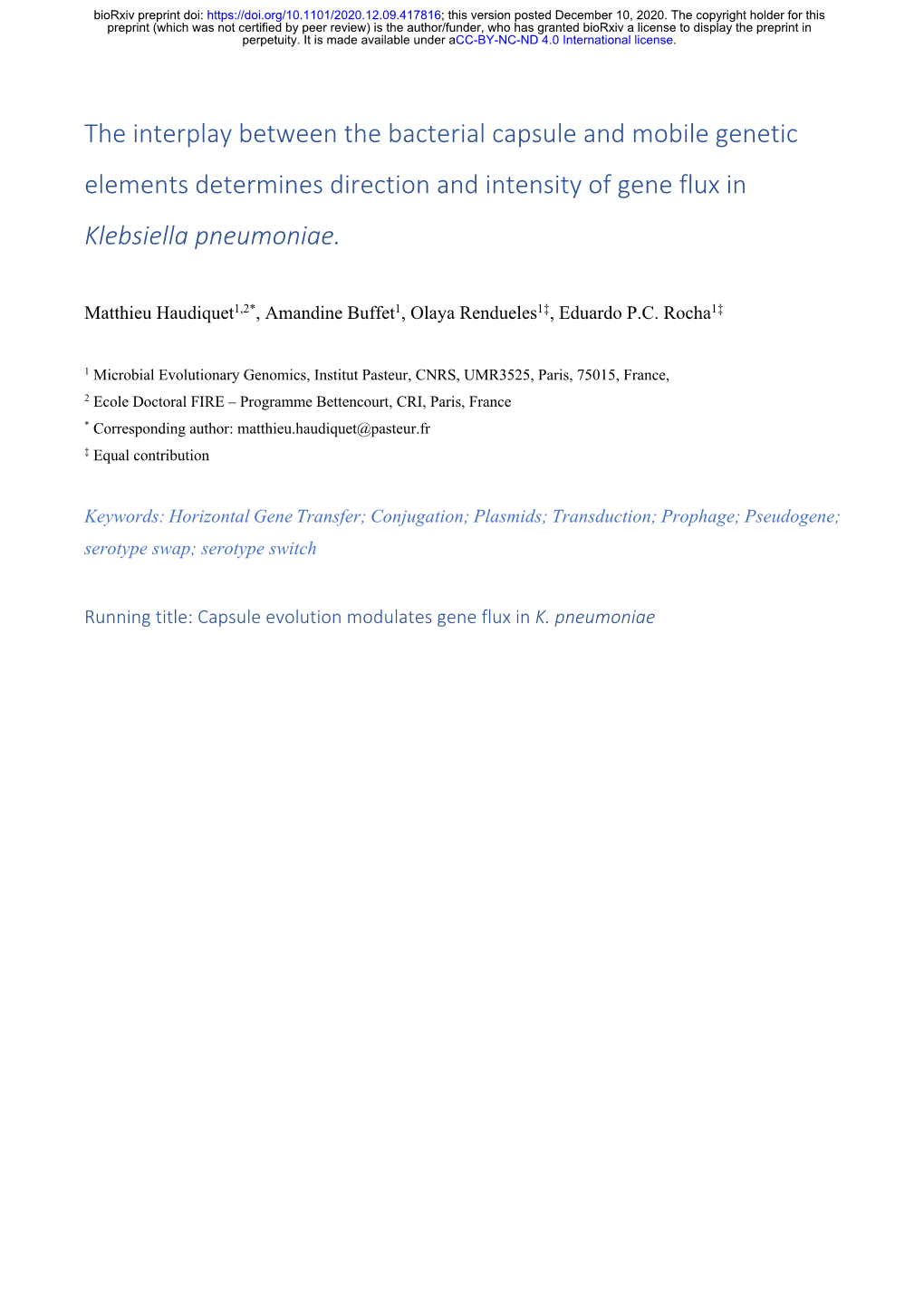 The Interplay Between the Bacterial Capsule and Mobile Genetic Elements Determines Direction and Intensity of Gene Flux in Klebsiella Pneumoniae