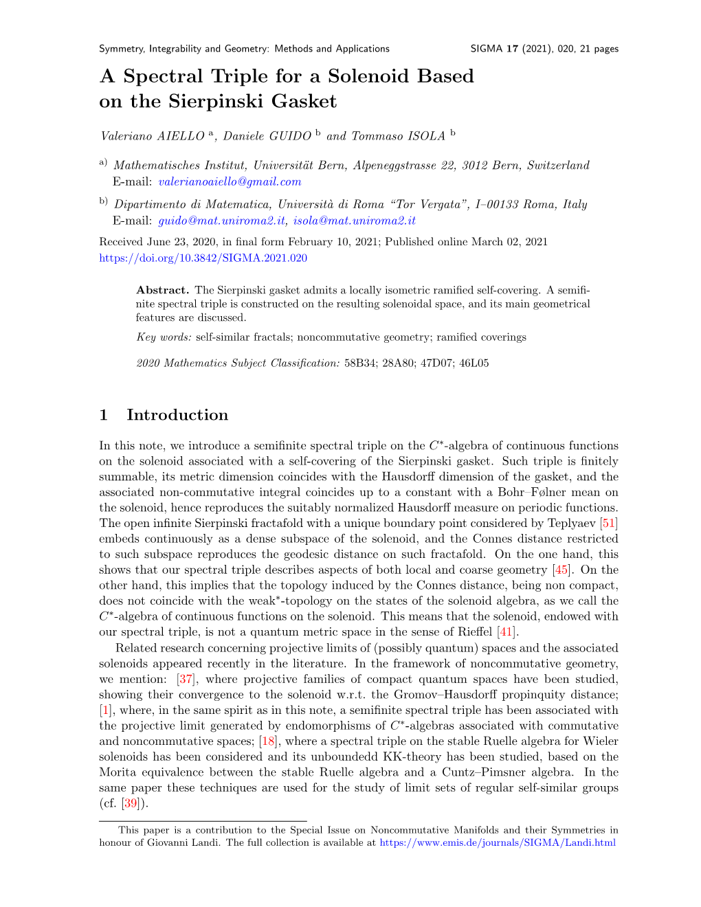 A Spectral Triple for a Solenoid Based on the Sierpinski Gasket