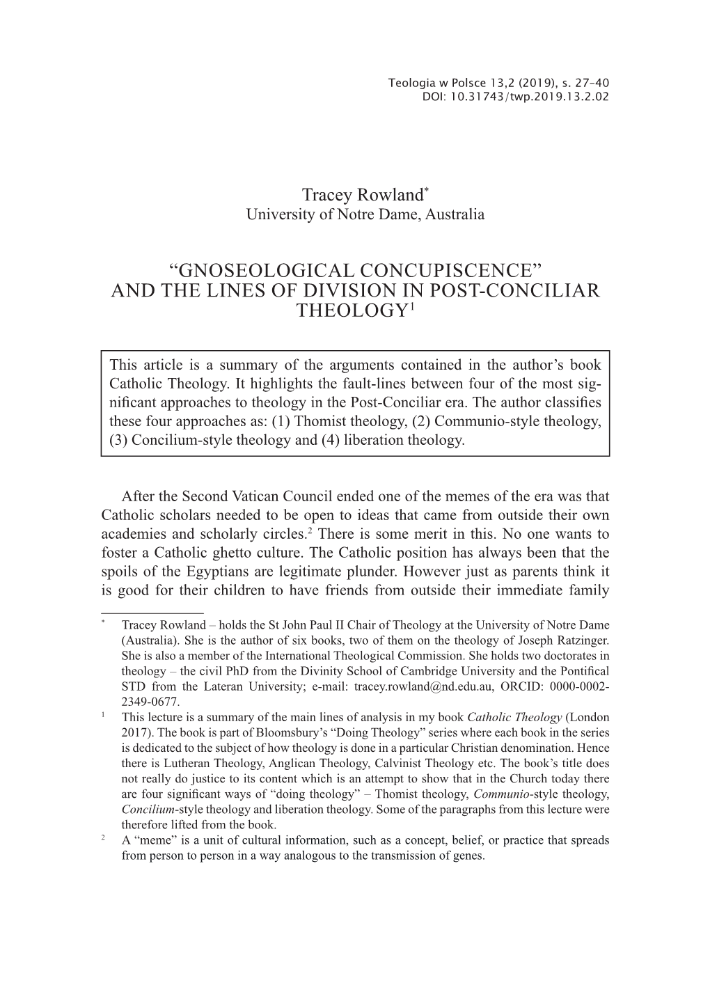 Gnoseological Concupiscence” and the Lines of Division in Post-Conciliar Theology1